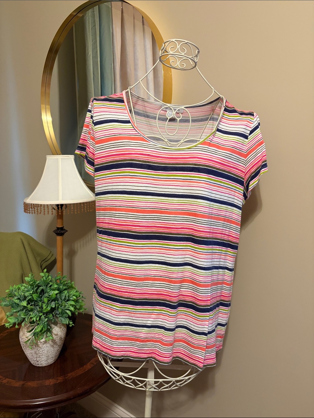 Liz Claiborne Short-Sleeve Top in Pink, Navy, White & Green Stripes